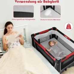 4-in-1-Baby-Laufstall Faltbares Deluxe-Babybett mit Rollen 103 x 72,5 x 112 cm Rot + Schwarz