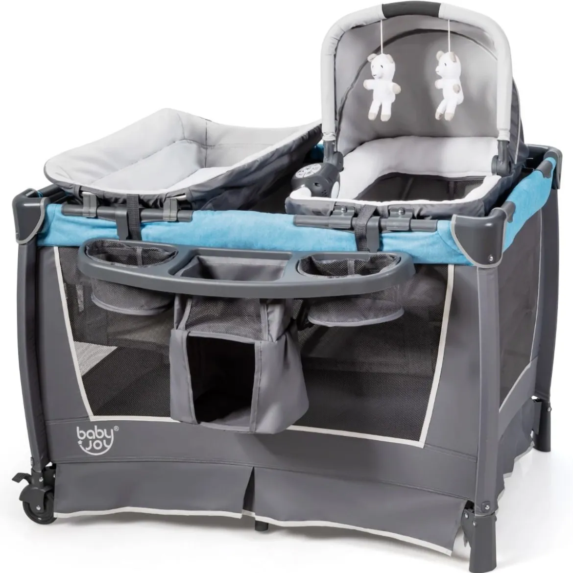 4-in-1-Baby-Laufstall faltbares Deluxe-Babybett Babybett-Set 103 x 72,5 x 112 cm Blau + Grau