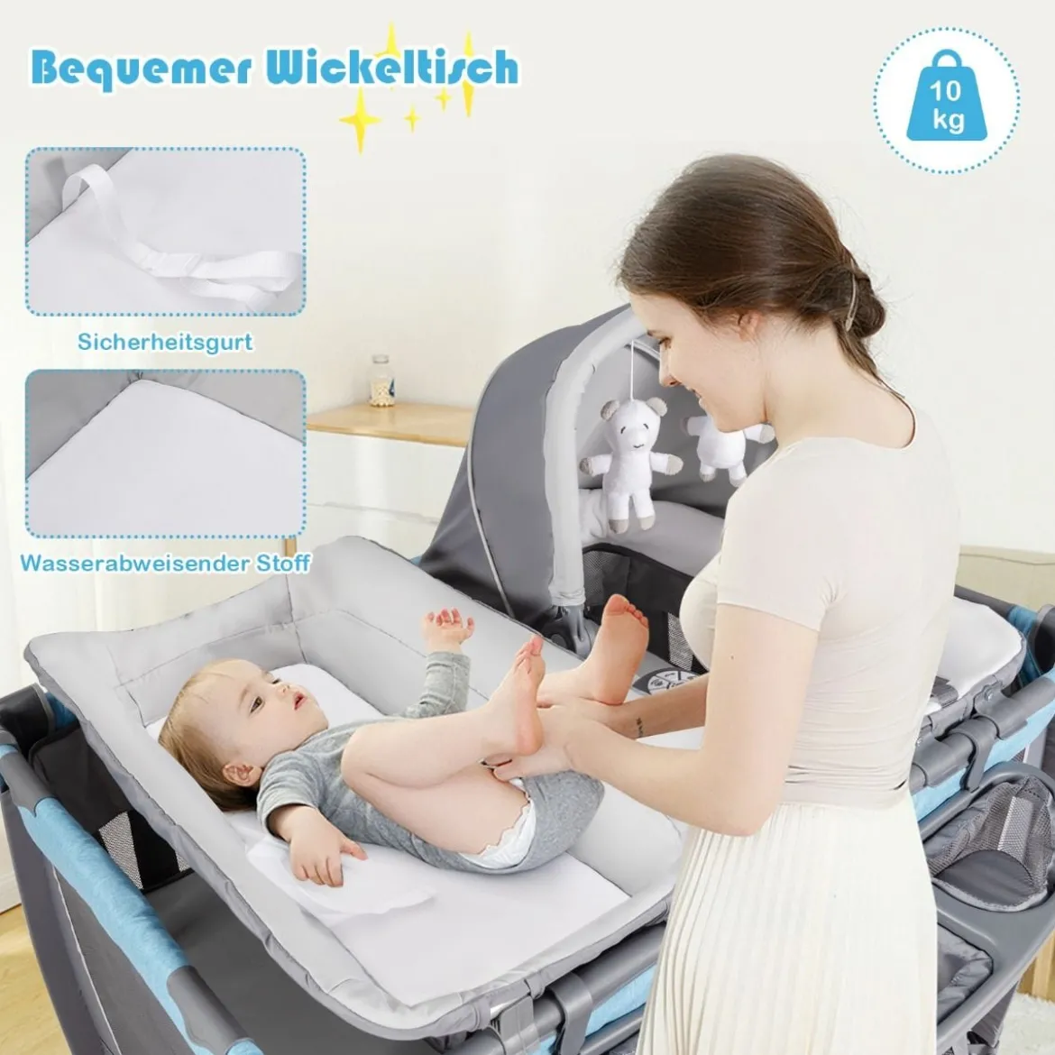 4-in-1-Baby-Laufstall faltbares Deluxe-Babybett Babybett-Set 103 x 72,5 x 112 cm Blau + Grau