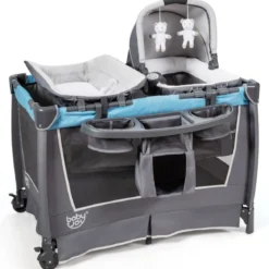 4-in-1-Baby-Laufstall faltbares Deluxe-Babybett Babybett-Set 103 x 72,5 x 112 cm Blau + Grau