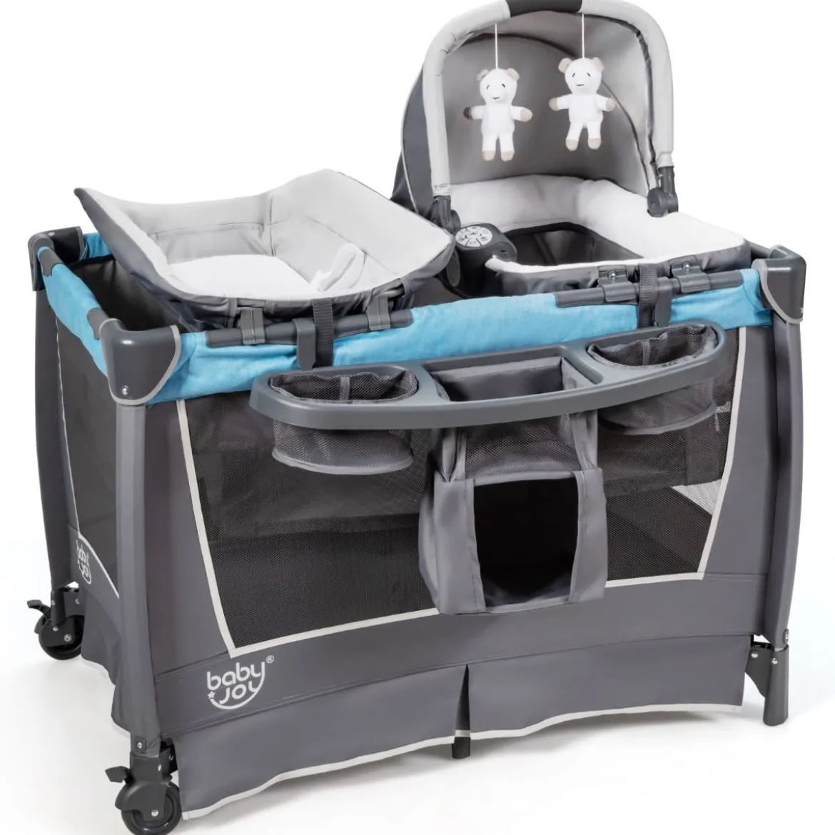 4-in-1-Baby-Laufstall faltbares Deluxe-Babybett Babybett-Set 103 x 72,5 x 112 cm Blau + Grau