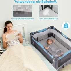 4-in-1-Baby-Laufstall faltbares Deluxe-Babybett Babybett-Set 103 x 72,5 x 112 cm Blau + Grau