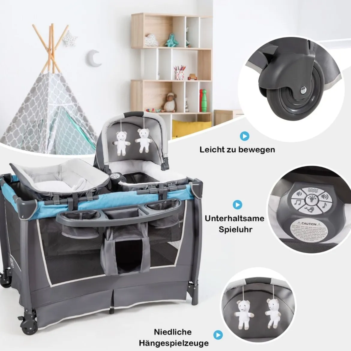 4-in-1-Baby-Laufstall faltbares Deluxe-Babybett Babybett-Set 103 x 72,5 x 112 cm Blau + Grau