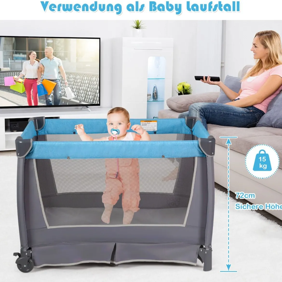 4-in-1-Baby-Laufstall faltbares Deluxe-Babybett Babybett-Set 103 x 72,5 x 112 cm Blau + Grau
