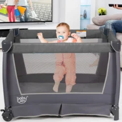 4-in-1-Baby-Laufstall mit Wiege & Wickeltisch Deluxe-Babybett 103 x 72,5 x 112 cm Grau