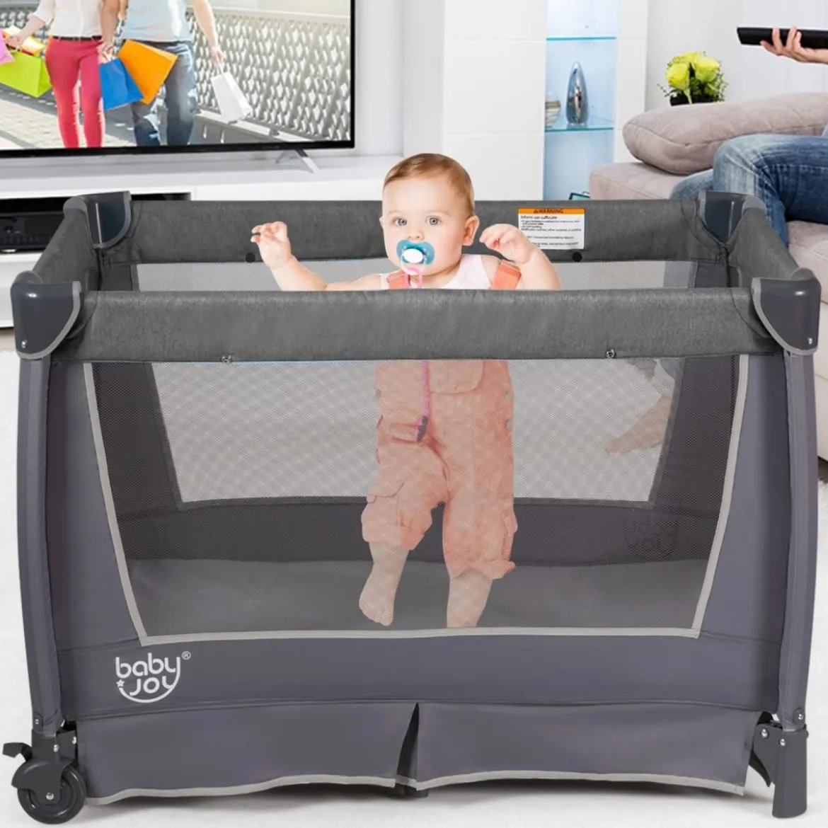 4-in-1-Baby-Laufstall mit Wiege & Wickeltisch Deluxe-Babybett 103 x 72,5 x 112 cm Grau
