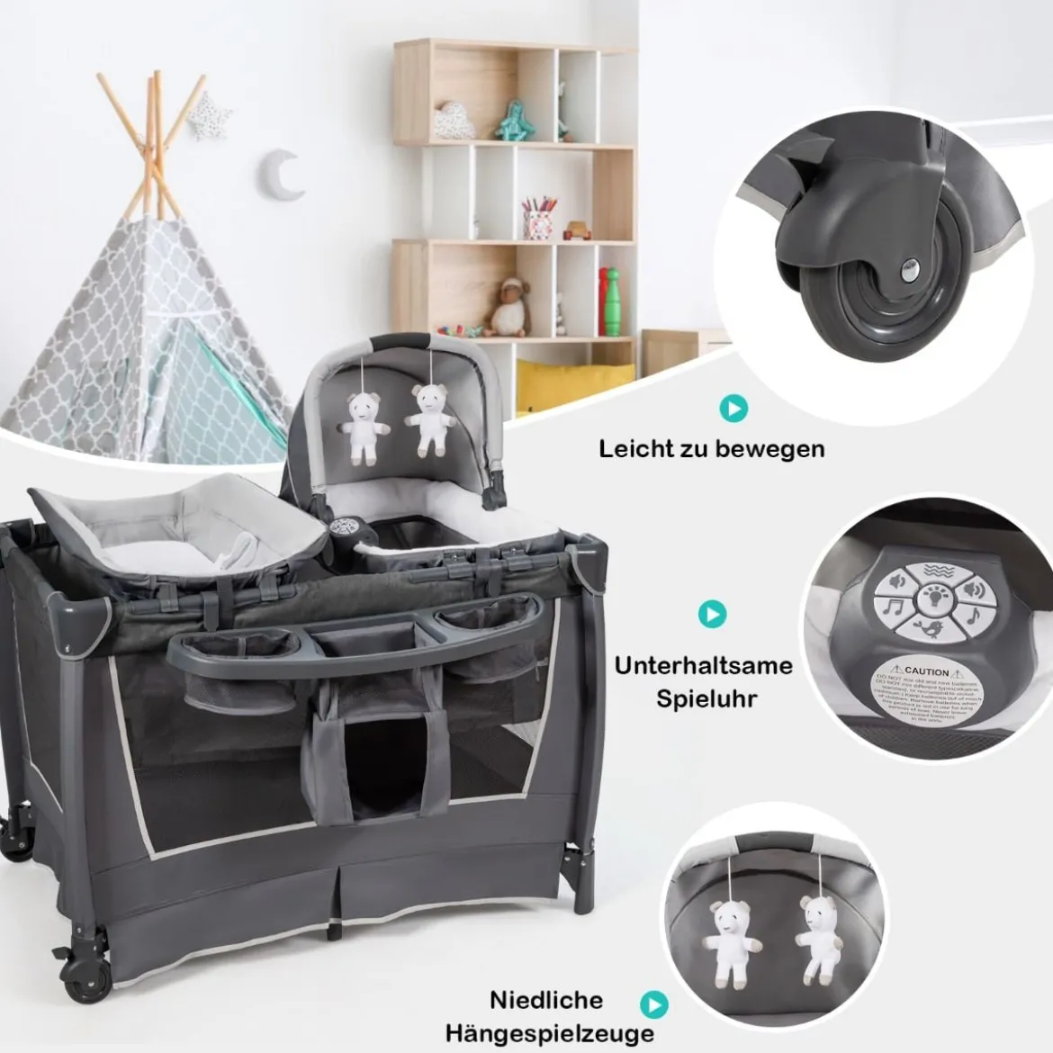 4-in-1-Baby-Laufstall mit Wiege & Wickeltisch Deluxe-Babybett 103 x 72,5 x 112 cm Grau