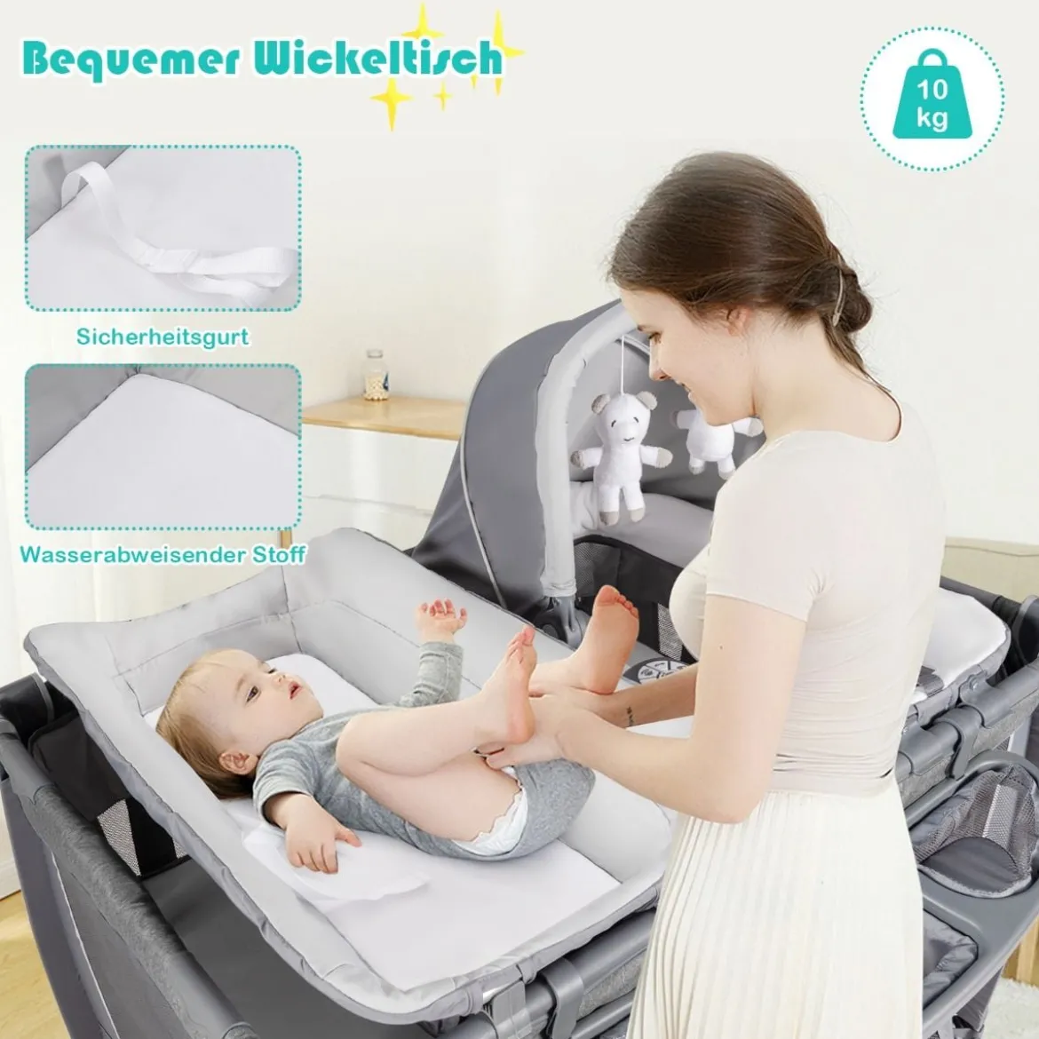 4-in-1-Baby-Laufstall mit Wiege & Wickeltisch Deluxe-Babybett 103 x 72,5 x 112 cm Grau