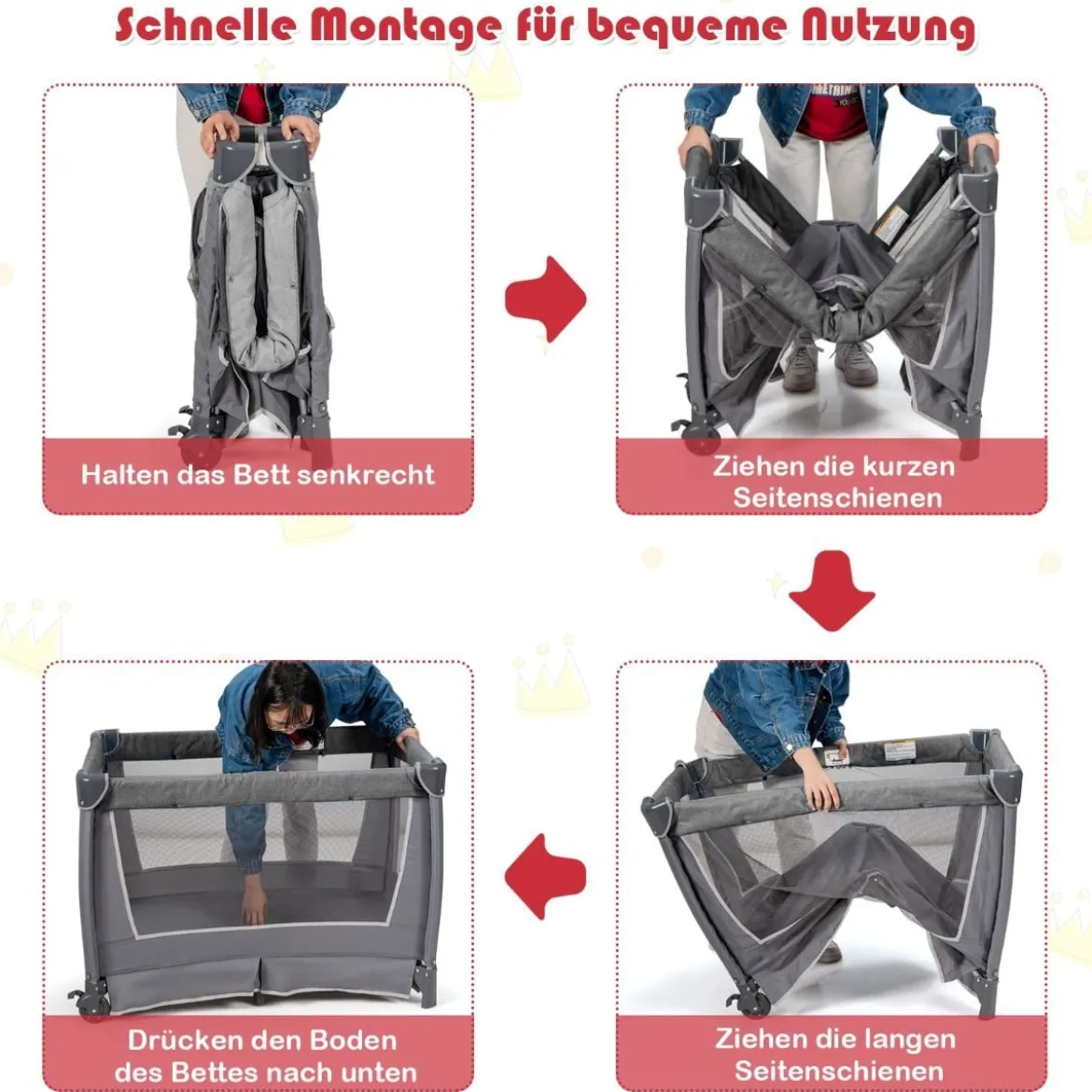 4-in-1-Baby-Laufstall mit Wiege & Wickeltisch Deluxe-Babybett 103 x 72,5 x 112 cm Grau