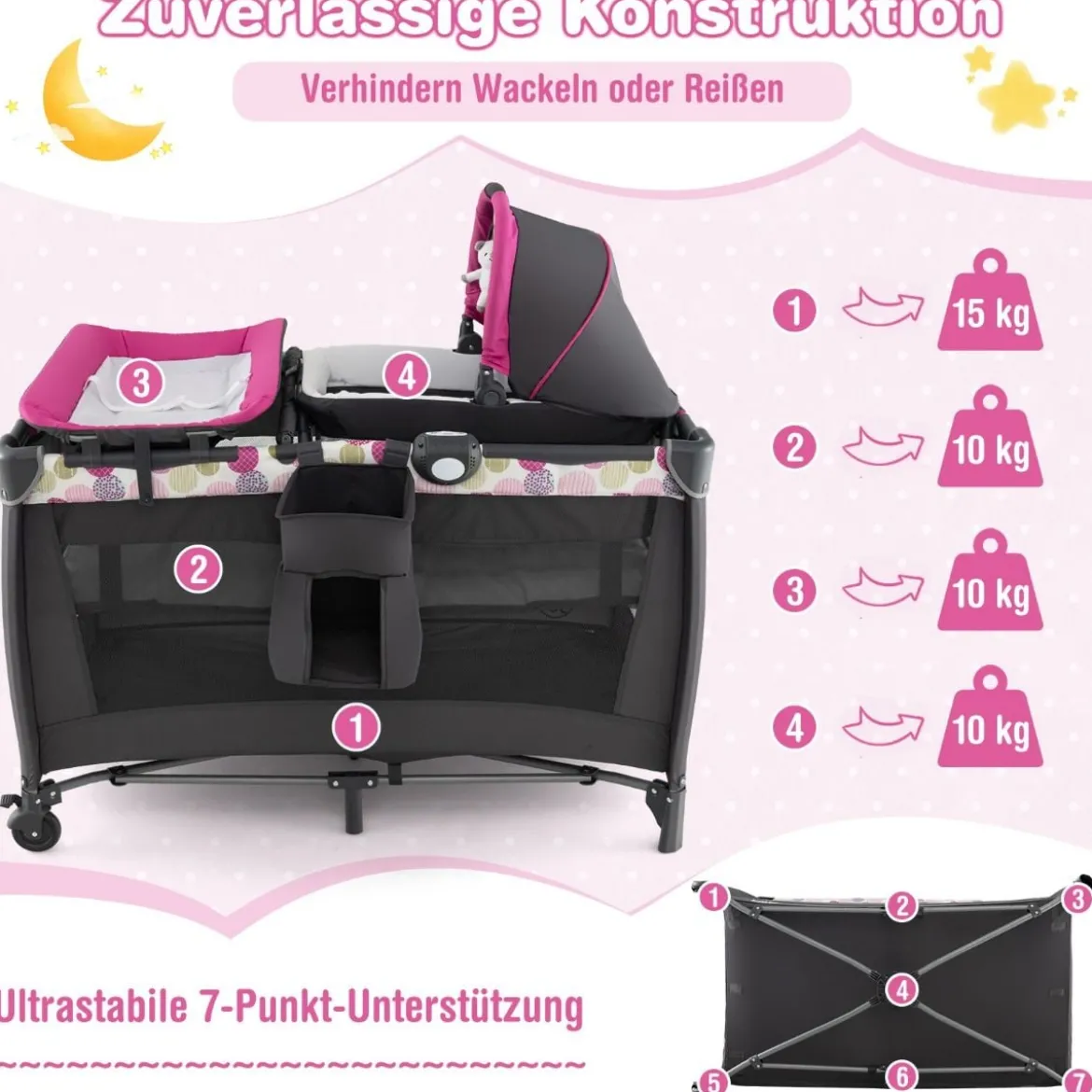 4-in-1-Baby-Laufstall Tragbares Babybett mit Wiege & Wickeltisch Rosa