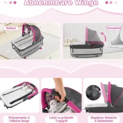 4-in-1-Baby-Laufstall Tragbares Babybett mit Wiege & Wickeltisch Rosa