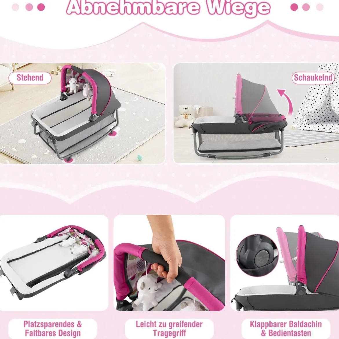 4-in-1-Baby-Laufstall Tragbares Babybett mit Wiege & Wickeltisch Rosa