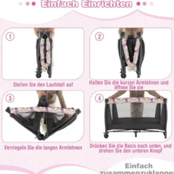 4-in-1-Baby-Laufstall Tragbares Babybett mit Wiege & Wickeltisch Rosa