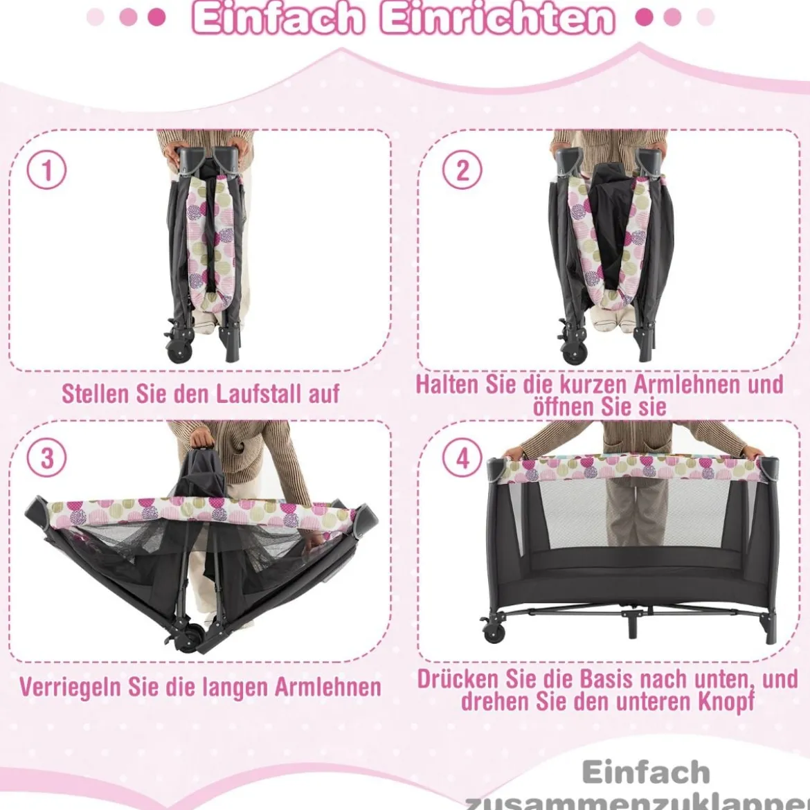 4-in-1-Baby-Laufstall Tragbares Babybett mit Wiege & Wickeltisch Rosa