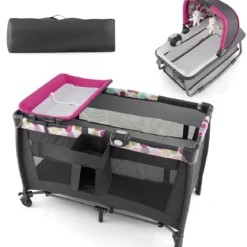 4-in-1-Baby-Laufstall Tragbares Babybett mit Wiege & Wickeltisch Rosa