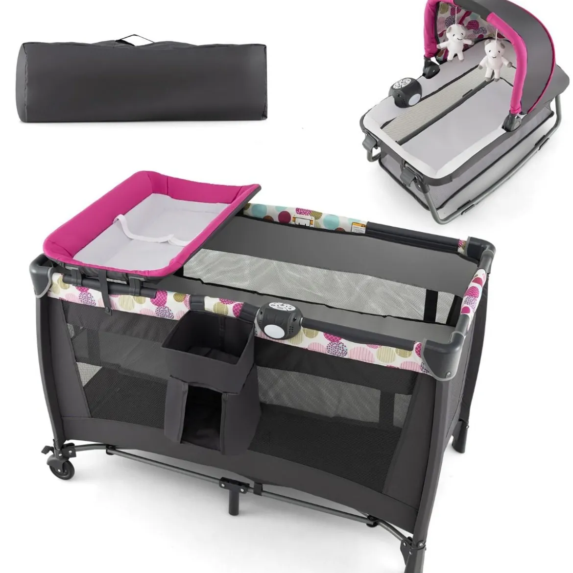 4-in-1-Baby-Laufstall Tragbares Babybett mit Wiege & Wickeltisch Rosa