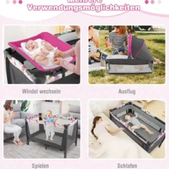 4-in-1-Baby-Laufstall Tragbares Babybett mit Wiege & Wickeltisch Rosa