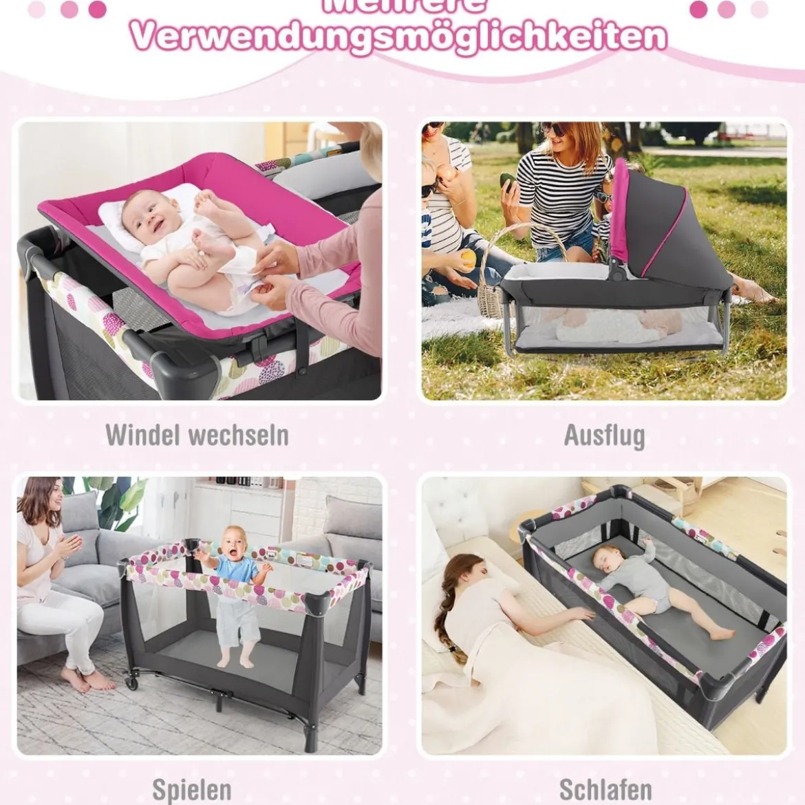 4-in-1-Baby-Laufstall Tragbares Babybett mit Wiege & Wickeltisch Rosa