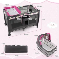4-in-1-Baby-Laufstall Tragbares Babybett mit Wiege & Wickeltisch Rosa