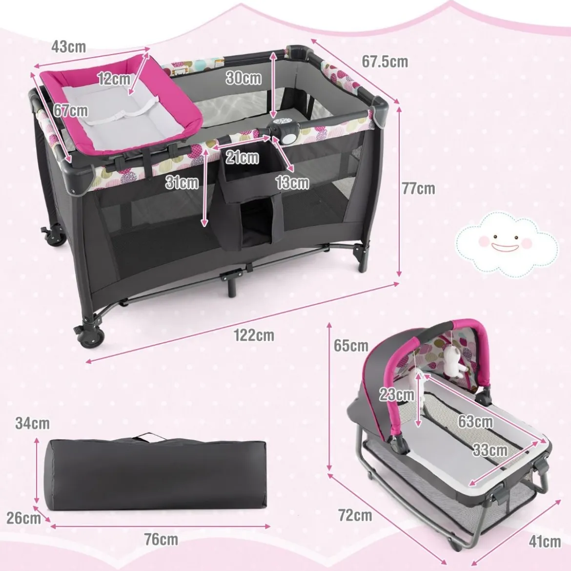 4-in-1-Baby-Laufstall Tragbares Babybett mit Wiege & Wickeltisch Rosa