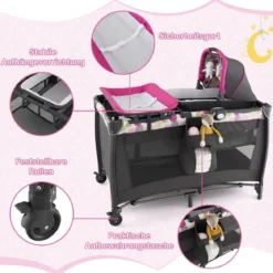 4-in-1-Baby-Laufstall Tragbares Babybett mit Wiege & Wickeltisch Rosa