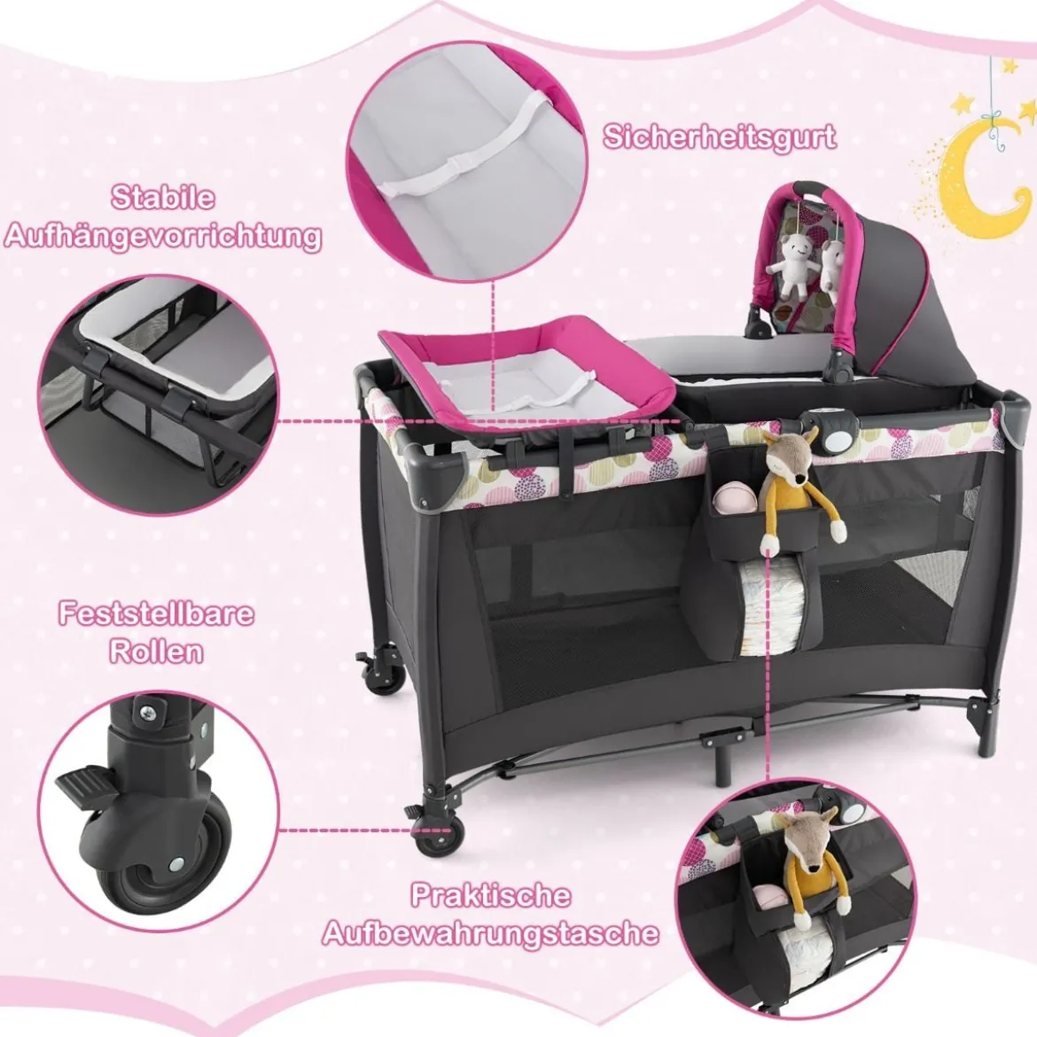 4-in-1-Baby-Laufstall Tragbares Babybett mit Wiege & Wickeltisch Rosa