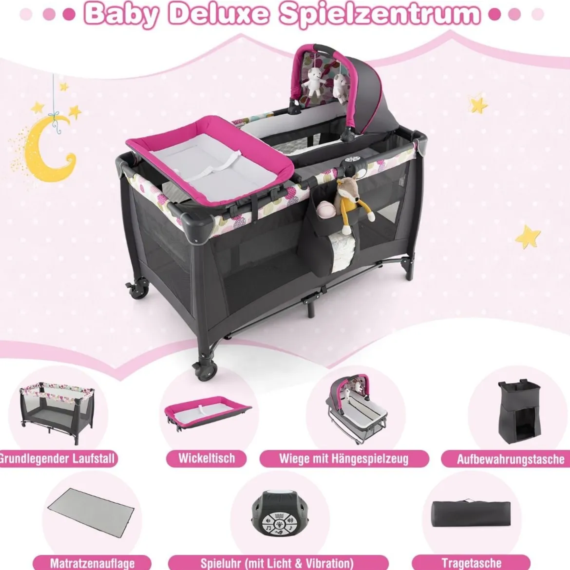 4-in-1-Baby-Laufstall Tragbares Babybett mit Wiege & Wickeltisch Rosa