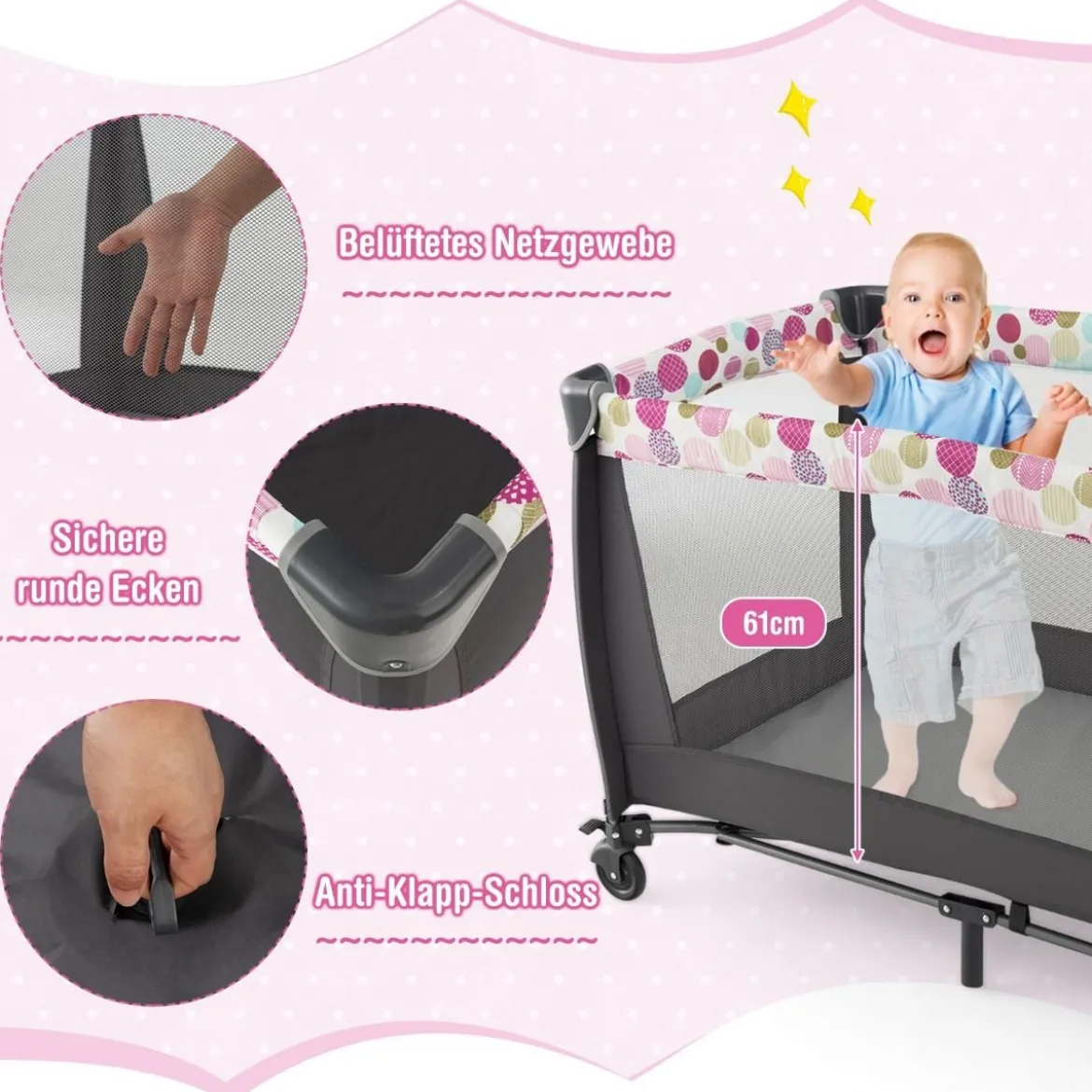4-in-1-Baby-Laufstall Tragbares Babybett mit Wiege & Wickeltisch Rosa
