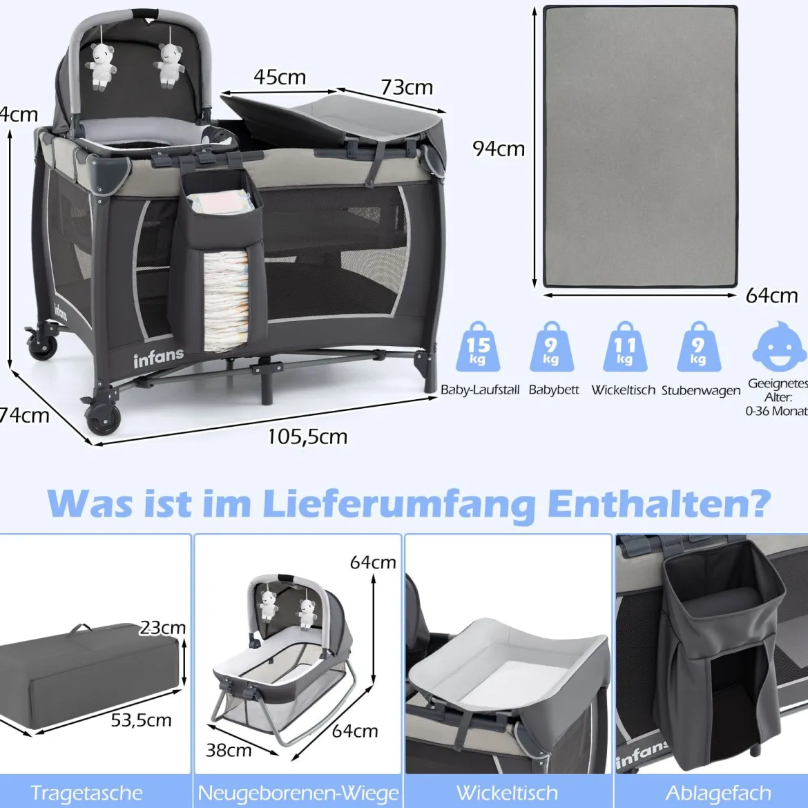5 in 1 Baby Reisebett mit Wickeltisch & Babywiege & Matratze & 2 Spielzeugen Faltbares Babybett Grau