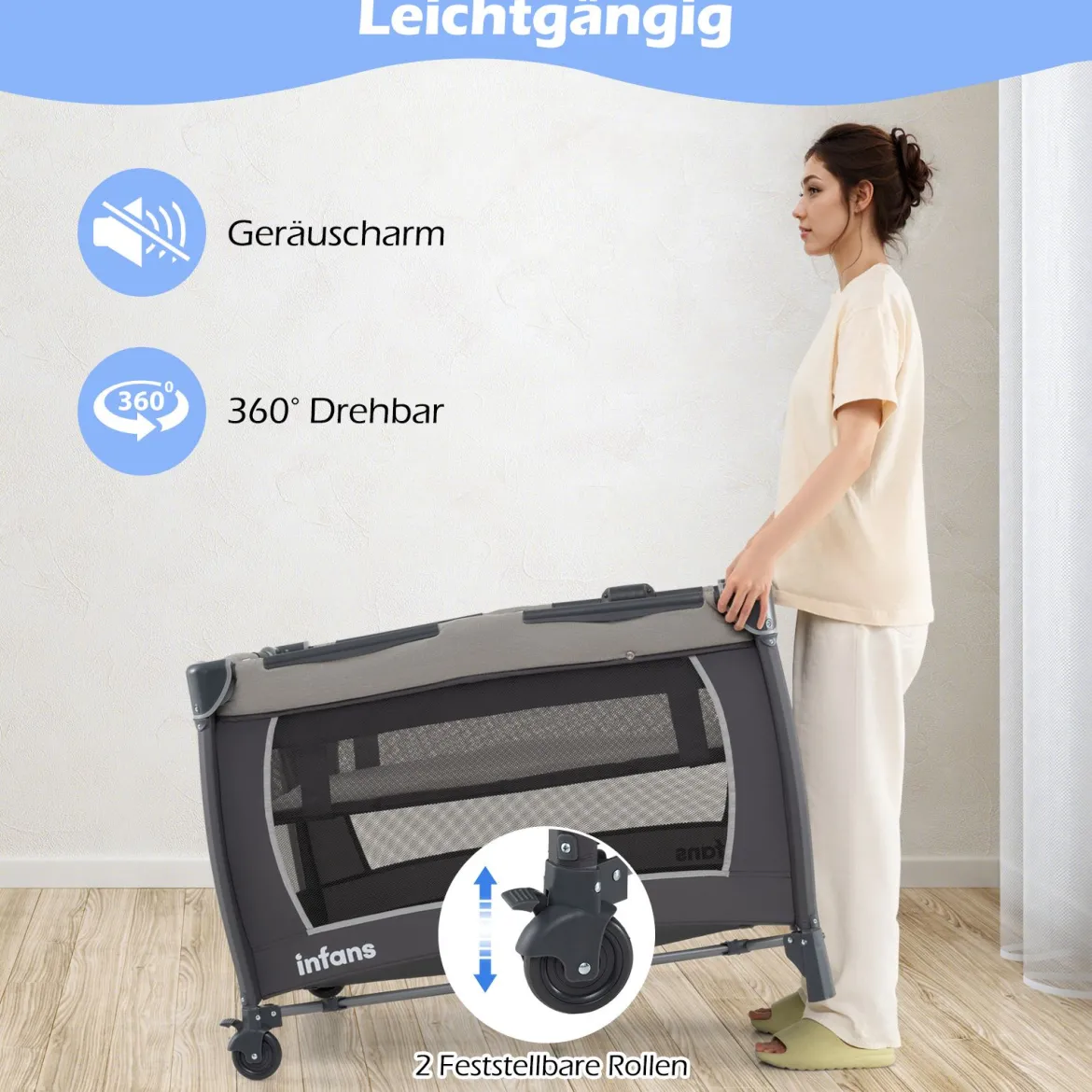 5 in 1 Baby Reisebett mit Wickeltisch & Babywiege & Matratze & 2 Spielzeugen Faltbares Babybett Grau