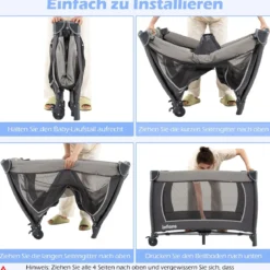 5 in 1 Baby Reisebett mit Wickeltisch & Babywiege & Matratze & 2 Spielzeugen Faltbares Babybett Grau