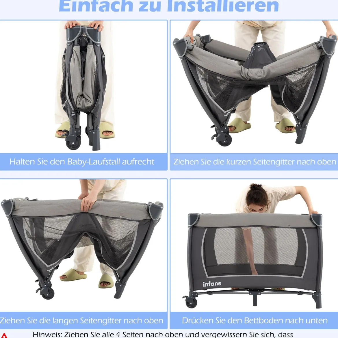 5 in 1 Baby Reisebett mit Wickeltisch & Babywiege & Matratze & 2 Spielzeugen Faltbares Babybett Grau