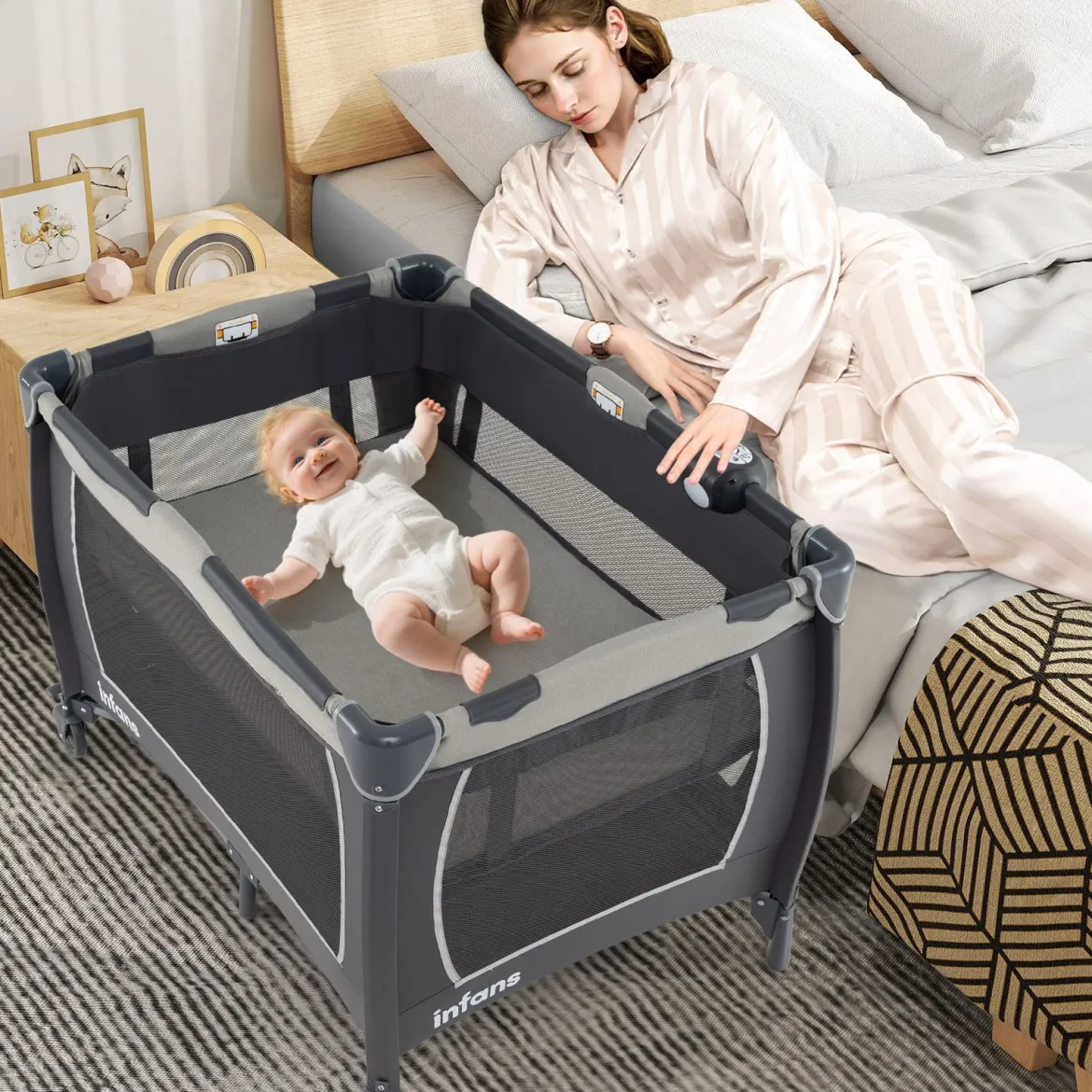 5 in 1 Baby Reisebett mit Wickeltisch & Babywiege & Matratze & 2 Spielzeugen Faltbares Babybett Grau