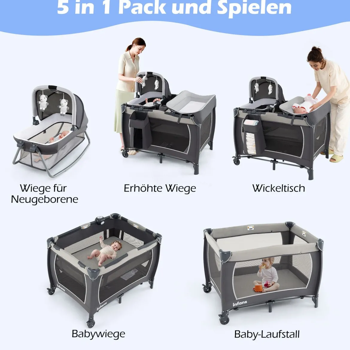 5 in 1 Baby Reisebett mit Wickeltisch & Babywiege & Matratze & 2 Spielzeugen Faltbares Babybett Grau