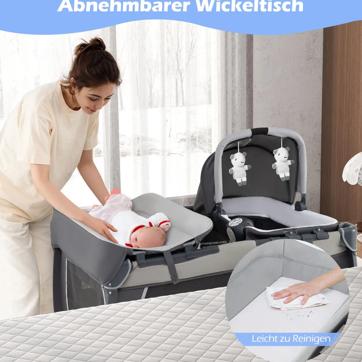 5 in 1 Baby Reisebett mit Wickeltisch & Babywiege & Matratze & 2 Spielzeugen Faltbares Babybett Grau