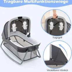 5 in 1 Baby Reisebett mit Wickeltisch & Babywiege & Matratze & 2 Spielzeugen Faltbares Babybett Grau