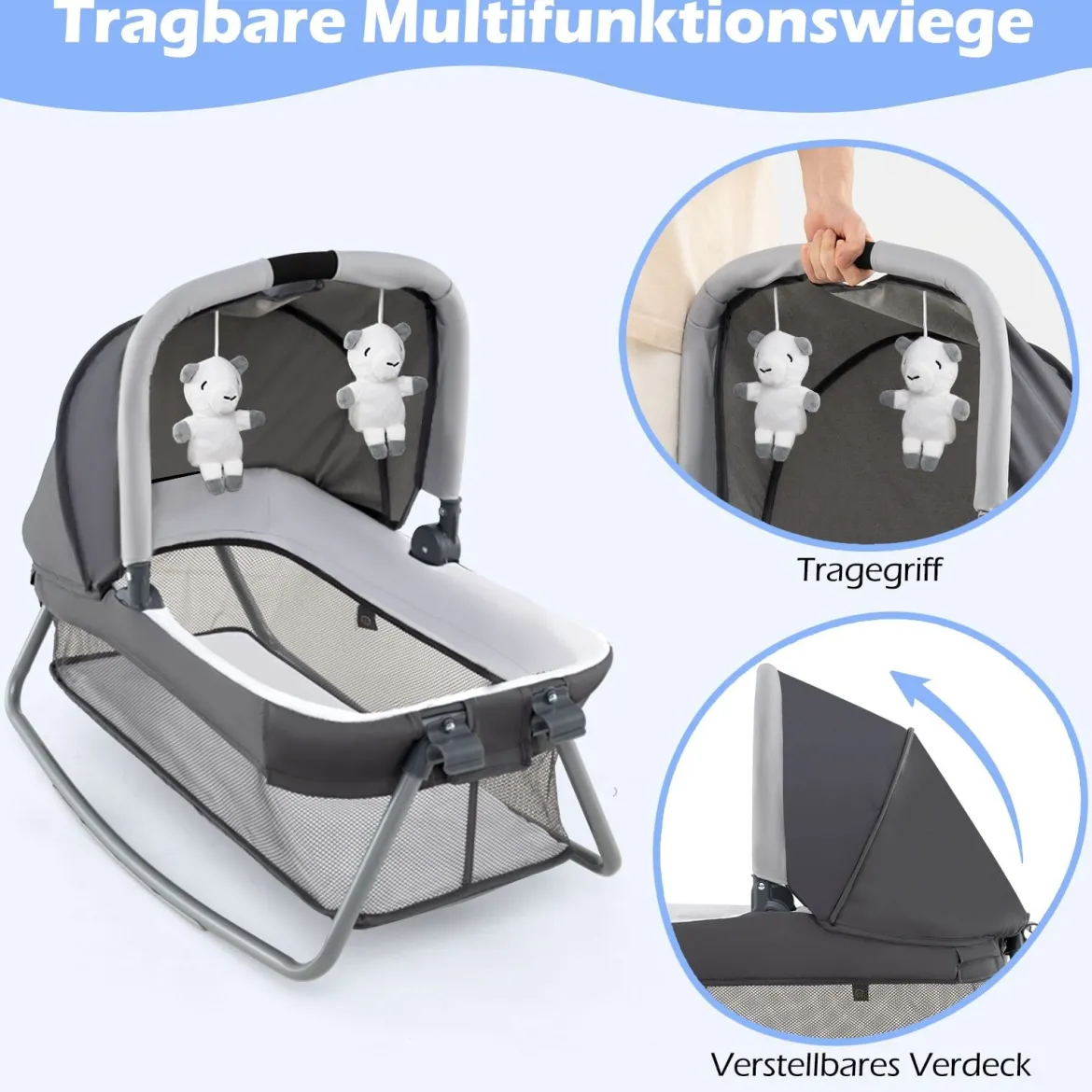5 in 1 Baby Reisebett mit Wickeltisch & Babywiege & Matratze & 2 Spielzeugen Faltbares Babybett Grau