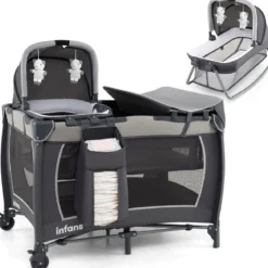 5 in 1 Baby Reisebett mit Wickeltisch & Babywiege & Matratze & 2 Spielzeugen Faltbares Babybett Grau