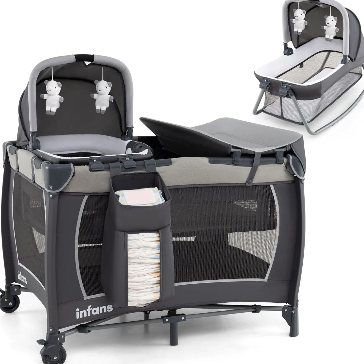 5 in 1 Baby Reisebett mit Wickeltisch & Babywiege & Matratze & 2 Spielzeugen Faltbares Babybett Grau