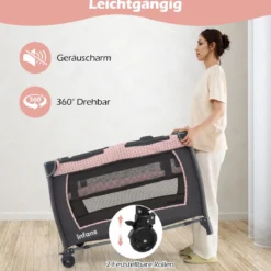 5 in 1 Baby Reisebett mit Wickeltisch & Babywiege & Matratze & 2 Spielzeugen Faltbares Babybett Rosa