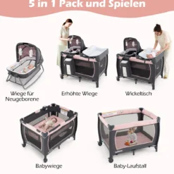 5 in 1 Baby Reisebett mit Wickeltisch & Babywiege & Matratze & 2 Spielzeugen Faltbares Babybett Rosa