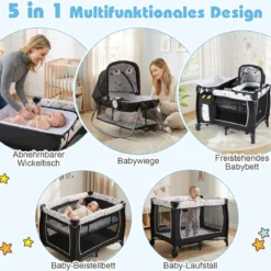 5 in 1 Baby Reisebett mit Wickeltisch & Babywiege & Matratze & 2 Spielzeugen Faltbares Babybett Beige