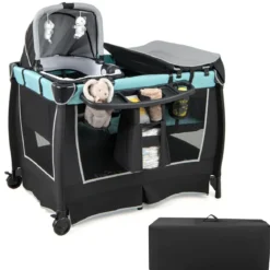 6-in-1 Baby Reisebett tragbarer Baby-Laufstall mit Schaukelwiege Wickeltisch Grün/Grau
