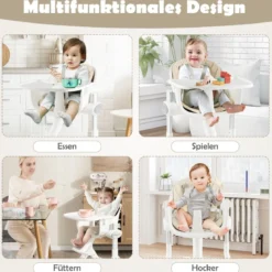 4 in 1 Babystuhl Babyhochstuhl Umwandelbar mit 5-Fach Verstellbarer Höhe Beige