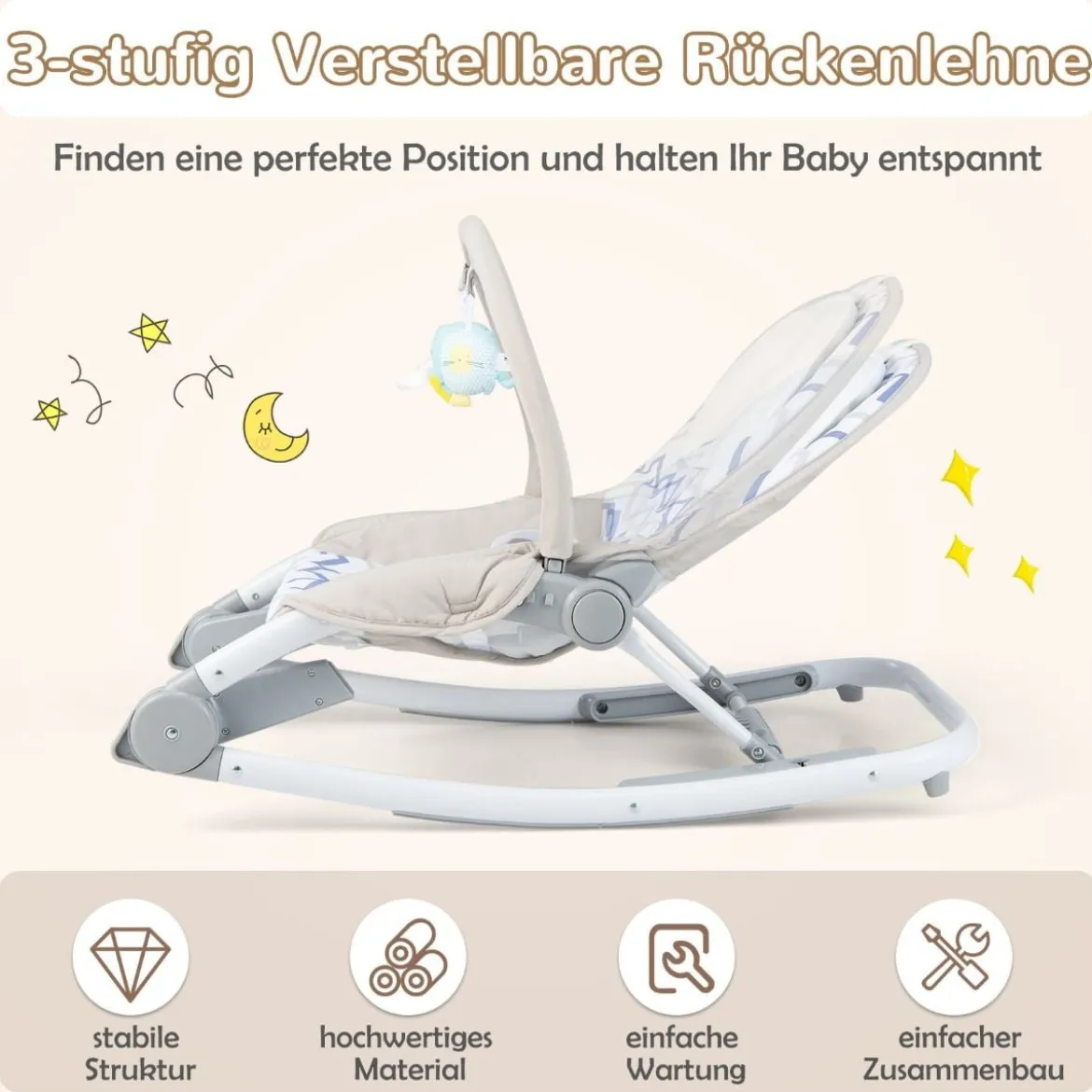 2 in 1 Babywippe klappbar tragbare Babyschaukel mit 3-stufig verstellbarer Rückenlehne Rosa/Grau