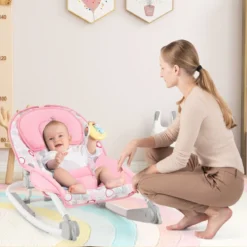 2 in 1 Babywippe klappbar tragbare Babyschaukel mit 3-stufig verstellbarer Rückenlehne Rosa/Grau