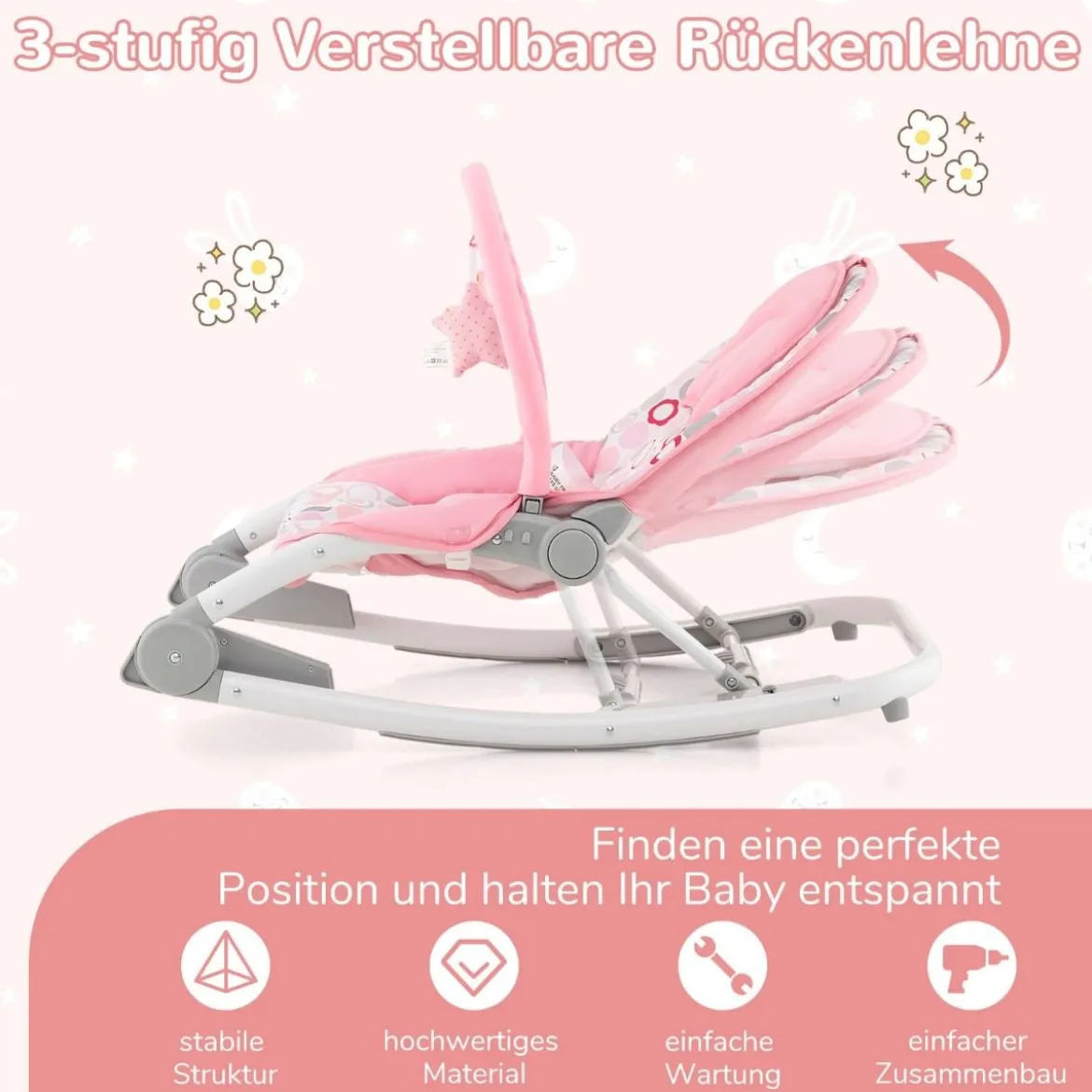 2 in 1 Babywippe klappbar tragbare Babyschaukel mit 3-stufig verstellbarer Rückenlehne Rosa/Grau