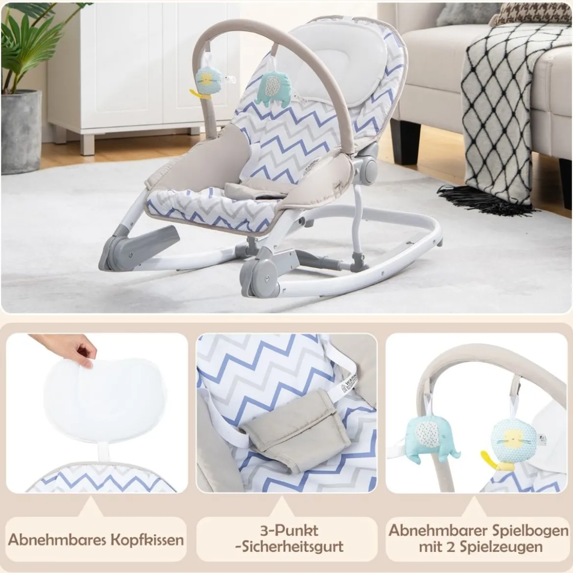 2 in 1 Babywippe klappbar tragbare Babyschaukel mit 3-stufig verstellbarer Rückenlehne Rosa/Grau