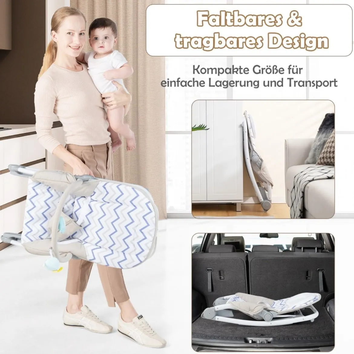 2 in 1 Babywippe klappbar tragbare Babyschaukel mit 3-stufig verstellbarer Rückenlehne Rosa/Grau