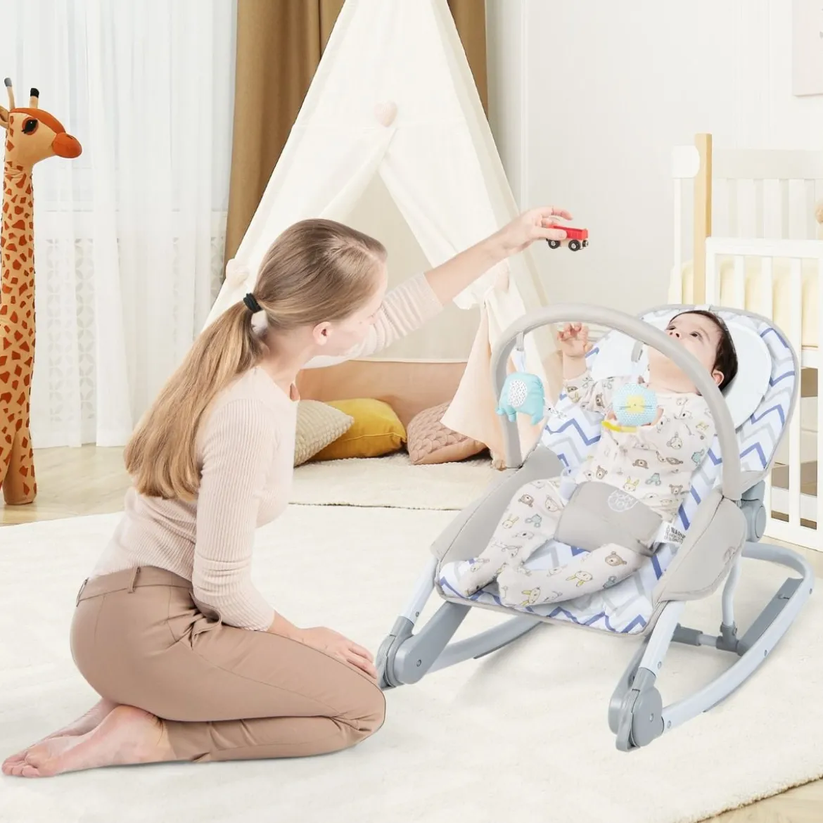2 in 1 Babywippe klappbar tragbare Babyschaukel mit 3-stufig verstellbarer Rückenlehne Rosa/Grau